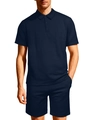 Completo uomo blu navy in maglia a nido d'ape con polo a maniche corte e pantaloncini - Blu navy