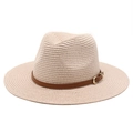 Close-up of woven straw fedora hat texture with brown leather band and golden buckle - M (56-58cm) / Pink