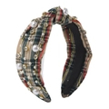 Detail of plaid fabric headband with pearls and rhinestones decoration and knotted design - Beige Plaid