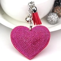 Llavero de corazón rosa con diamantes de imitación, cascabel y borla a juego - Plata & Rosa Fucsia