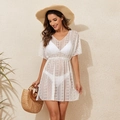 Weißes Häkel-Strandkleid mit V-Ausschnitt und Tunnelzug-Taille für den Urlaub - M / Weiß