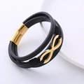 Bracciale multistrato in pelle nera con simbolo dell'infinito dorato e chiusura magnetica - Oro