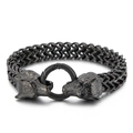Rugged gun-black stainless steel bracelet featuring dual wolf heads and woven chain - Black (KB157895-K)