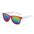Kids square sunglasses featuring a red frame, white temples and rainbow mirrored lenses - Red Frame White Temple/Colorful Mirror