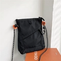 Black nylon crossbody square bag with woven strap and orange leather accents - Black
