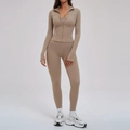 Ensemble de yoga 3 pièces avec haut zippé à manches longues et legging taille haute kaki - S / Veste + Leggings - Marron Camel