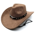 Dettaglio cappello da cowboy in pelle scamosciata marrone con fascia a testa di toro - M(56-58cm) / Caffè Chiaro