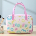Translucent white PVC makeup bag with pink handles and colorful geometric patterns - Purple Letters (Square Large)
