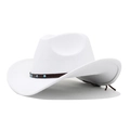 Detailed view of white felt cowboy hat with turquoise studs and brown leather band - White