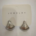 Silver stainless steel shell earrings on jewelry display card, elegant nature style - Steel Narrow Shell (WG-1195)