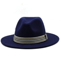 Detail of navy blue wool fedora hat featuring black white and gold striped ribbon band - Navy Blue