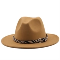 Detail of camel wool fedora hat featuring zebra print ribbon and silver metal buckle - M (56-58cm) / Camel