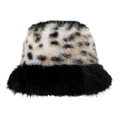 Faux fur leopard print bucket hat with black plush brim for winter warmth - M (56-58cm) / Black