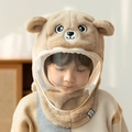 Brown plush bear hat for kids with clear protective face mask and neck warmer - Khaki Bear