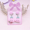 Pink cloud clip-on earrings for kids with blue bow and soft cream finish - Bow Cloud