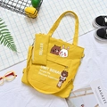 Yellow canvas tote bag set with matching small pouch and cute cartoon bear pendant - Wow Bear (With Pencil Case And Pendant) / Yellow