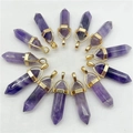 Detailed view of twelve purple amethyst hexagonal column pendants with gold metal caps - Amethyst / Pendant Only (Without Chain)