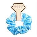 Blue satin scrunchie on beige diamond card with Will You Help Me Tie The Knot text - 5 Pieces / Sky Blue