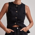 Set due pezzi in denim nero lavato senza maniche con bottoni frontali da donna - S / Top Nero