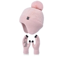 Conjunto de punto rosa de invierno con gorro con orejeras, pompón y guantes táctiles - Rosa