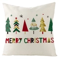 Linen Christmas pillowcase featuring six colorful festive trees and Merry Christmas text - Beige Six Christmas Trees