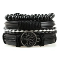Men's multi-layer black leather bracelet set featuring a metallic tree of life charm - Black 4pcs Set Life Tree