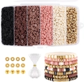 DIY bead set with clay discs, metal beads and elastic cord for bohemian bracelet making - Brown Series (approx. 5200pcs) with String