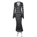 Close-up of black lace fabric with floral patterns on a deep V-neck long-sleeved dress - S / Black