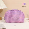 Pink and purple checkered plush makeup bag with soft texture and zipper closure - Purple/Half-round/X-194