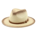 Detail of gradient woven straw fedora featuring a brown leather band and metal buckle - M (56-58cm) / Beige + Khaki