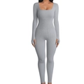 Damen Body in Grau aus Rippstrick, schmale Passform, Langarm und mit Karree-Ausschnitt - S / Oberteil Und Unterteil / Langarm / Hellgrau