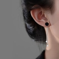 Elegant silver tassel earrings with black rose studs and white pearl drop accents - Black Rose Tassel Ear Threader