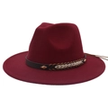 Detail of dark red wool fedora featuring a brown band and gold diamond metal ornament - M (56-58cm) / Burgundy
