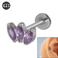 G23 titanium cartilage earring with three marquise purple stones and flat back - Silver/Purple Stone
