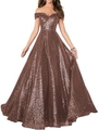 Robe de soirée élégante marron café à paillettes avec épaules dénudées coupe A-line - US size 2 / Hauts / Café
