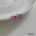 Pink heart-shaped zircon earrings with liquid metal design in a silver finish - Silver Earrings + Pink Zircon (D1412)