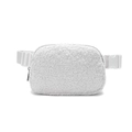 White sherpa fleece belt bag with matching nylon strap and secure plastic buckle closure - White