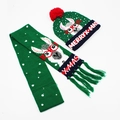 Green LED Christmas knitted hat and scarf set with Merry X-mas text and pompom - Set 27 (Green Alpaca Pattern)