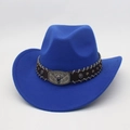 Royal blue western cowboy hat with a bull head buckle and leather strap on white background - One Size (57cm) / Sapphire Blue