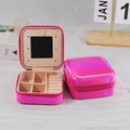 Portable metallic pink PU leather jewelry box with mirror and zipper closure - Laser Rose Red With Mirror / 10*10*5