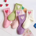 Five-pack of girls' pastel crew socks featuring cute embroidered heart details - Flatbread Caramel Heart / 3-5 Years (Feet length 13-15cm)