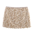Elegant champagne gold sequin mini skirt for women featuring high waist and wavy hem - XS / Khaki