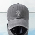 Unisex washed grey distressed baseball cap with white religious text print and cotton texture - Gray