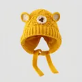 Detailed knit texture of bright yellow bear ear beanie with secure chin straps - 3-8 Years / Yellow