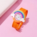 Cute kids orange slap watch featuring 3D rainbow and white cloud pattern decoration - Orange Rainbow