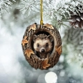Christmas hedgehog in tree hole flat acrylic pendant with maple leaves and gold string - Hedgehog