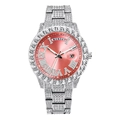 Silver iced-out watch with rose gold dial featuring week and date display windows - Silver Pink