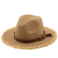 Chapeau Fedora en paille kaki avec ruban en cuir marron et bords à franges d'été - Bord Effiloché Kaki