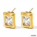 Golden square stud earrings with rectangular crystal stones and textured edges - White Zirconia Square Stud Earrings(KDE688)