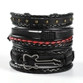Men's multilayer braided leather bracelet set featuring black cord and guitar charm - T4 Style (Black Guitar)